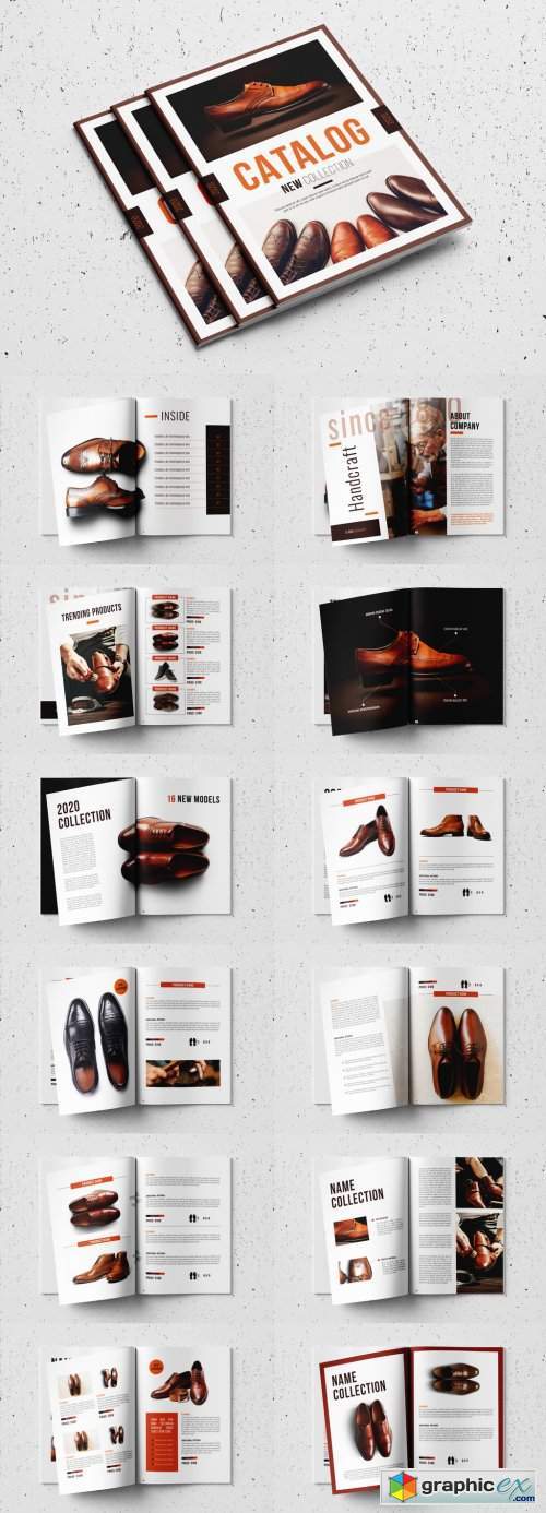 Product Catalog Layout with Orange and Brown Accents