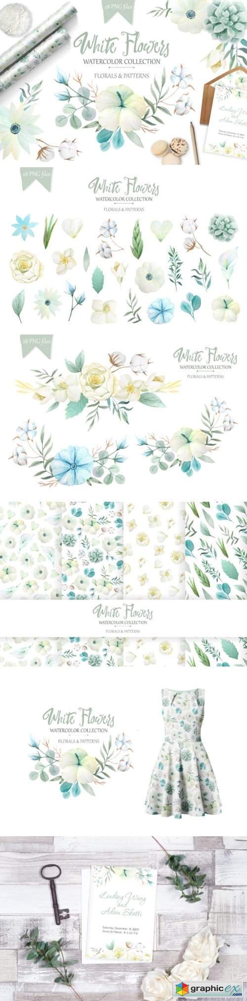 Watercolor White Flowers Set