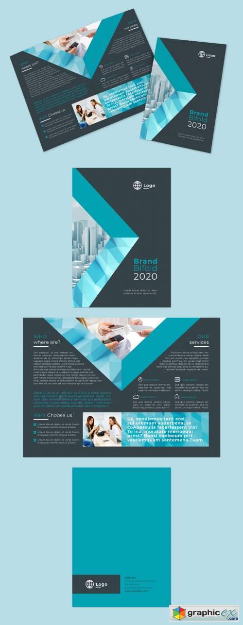 Teal Bifold Brochure Layout with Geometric Overlay Elements