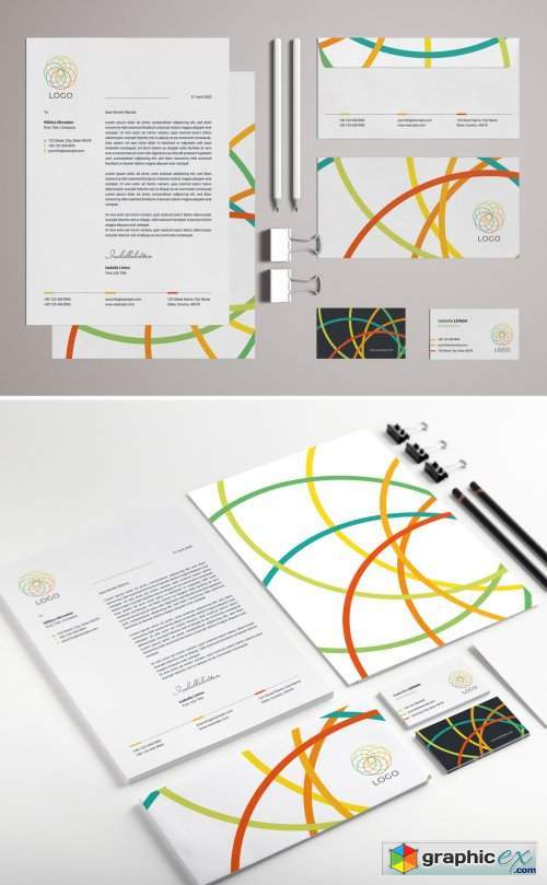 Stationery Set Layout with Colorful Logo Design Elements
