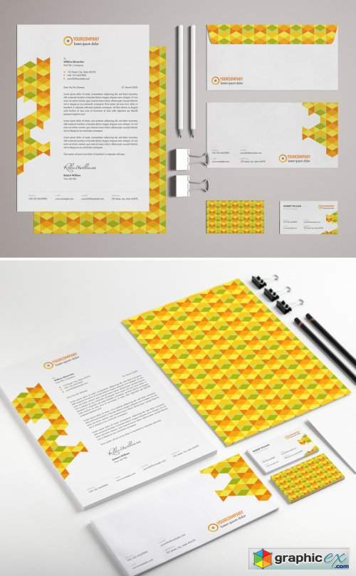 Stationery Set Layout with Colorful Pattern Elements