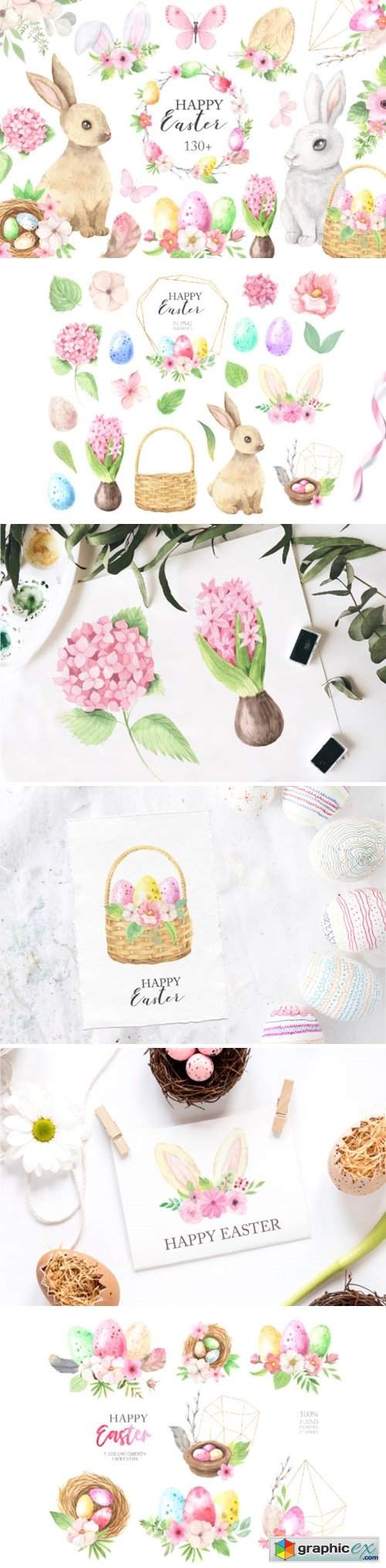  Watercolor Easter Spring Bunny Set 