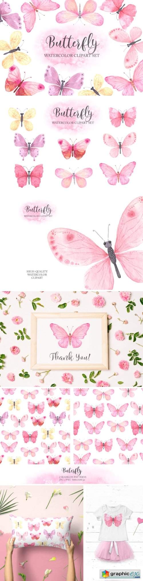  Watercolor Pink Butterfly Set 