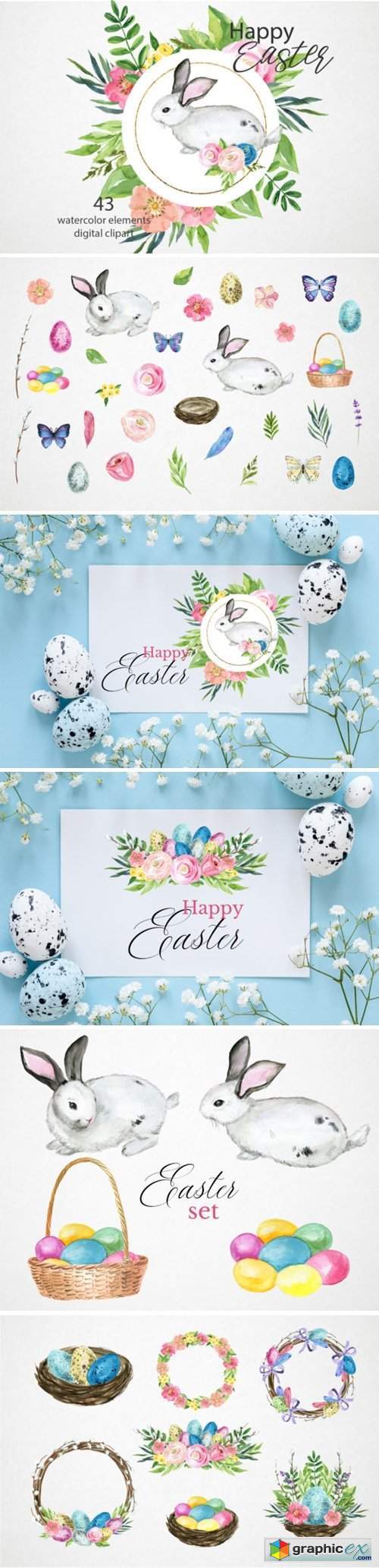 Watercolor Easter Bunny Clipart Set