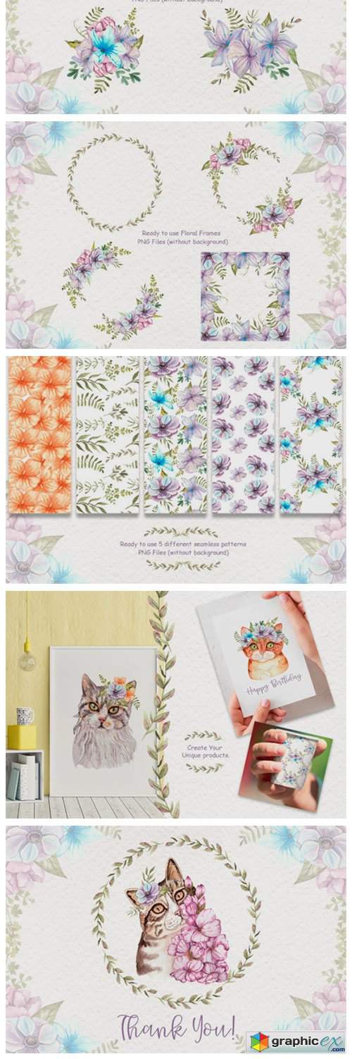Watercolor Cats and Flowers 3776752