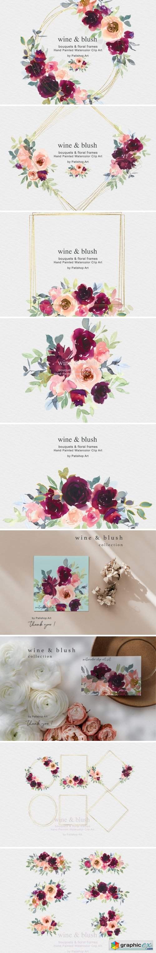  Wine & Blush Watercolor Clip Art Set 