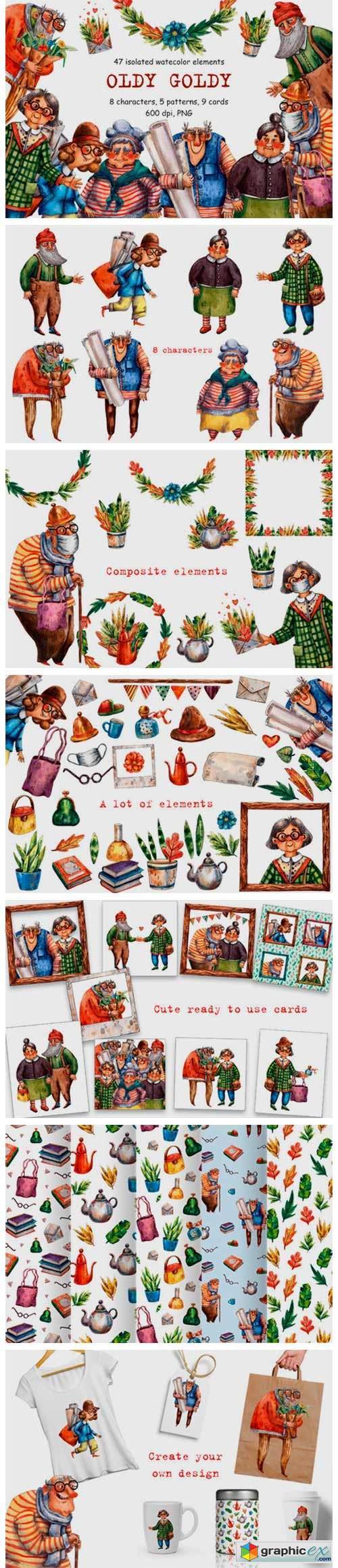 Oldy Goldy - Watercolor Clip Art Set