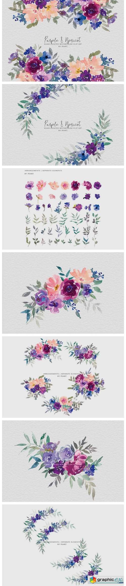  Purple Watercolor Floral Clip Art Set 