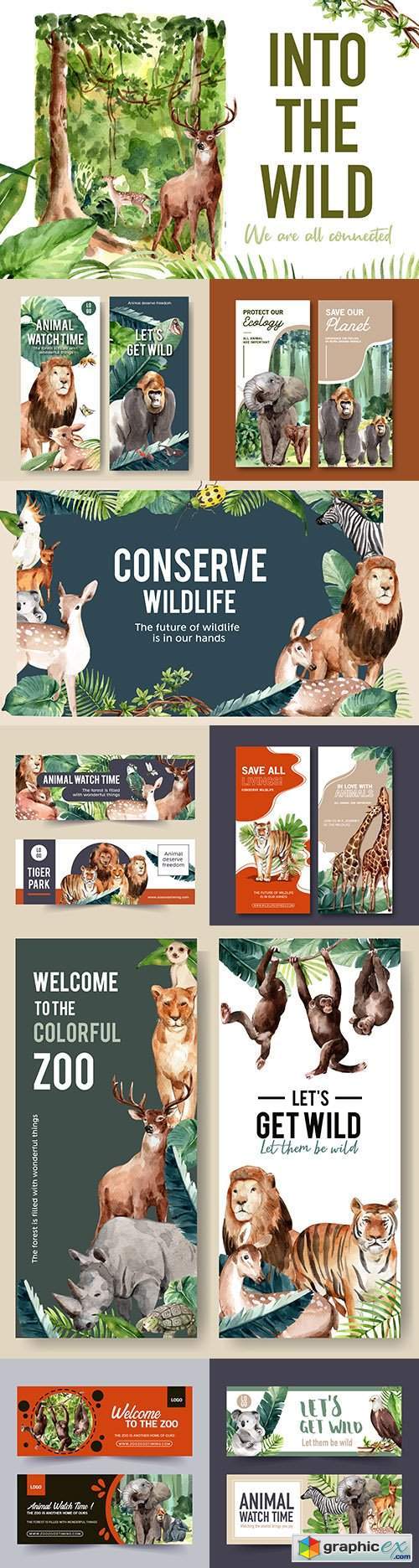 Zoo banner design with animal watercolor illustrations