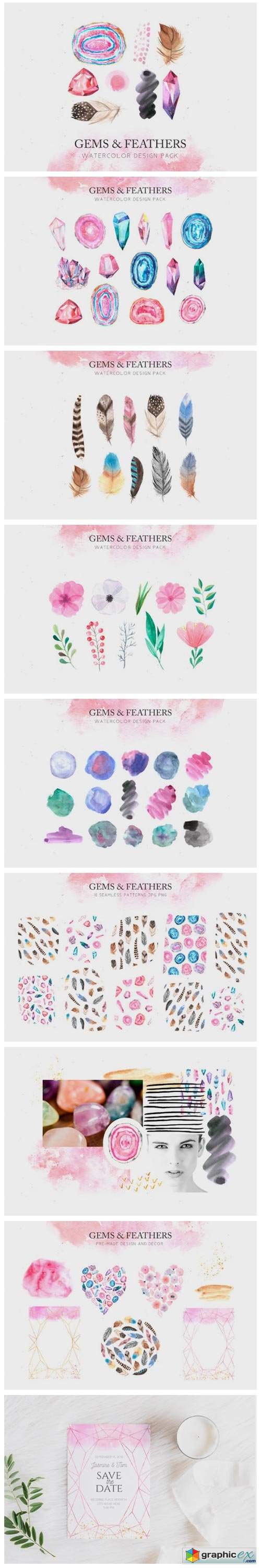  Watercolor Gems & Feathers Set 