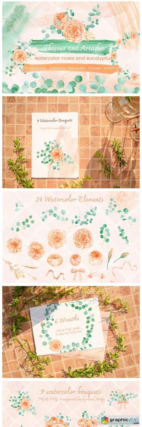 Watercolor Eucalyptus and Peach Floral