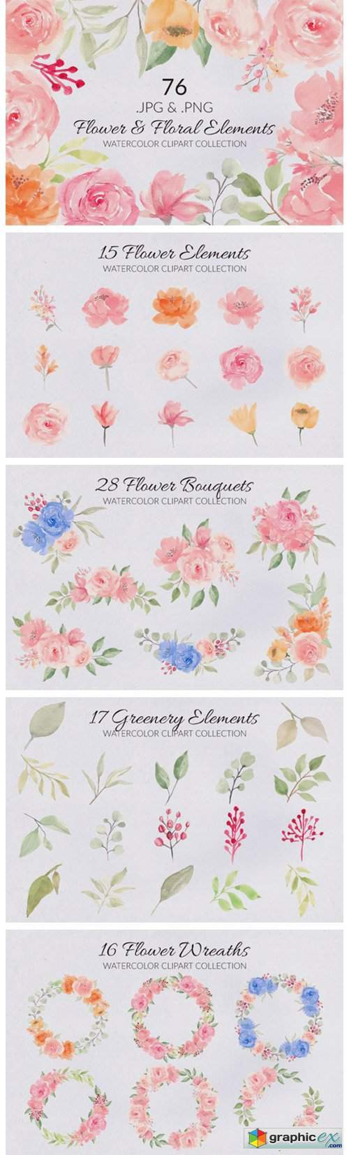 76 Flower and Floral Watercolor Clipart