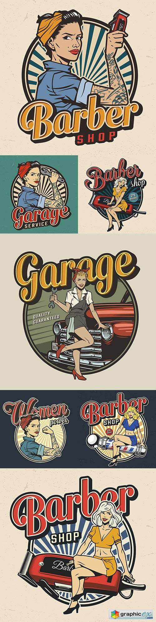  Vintage barbershop, garage service and car repair colorful label 