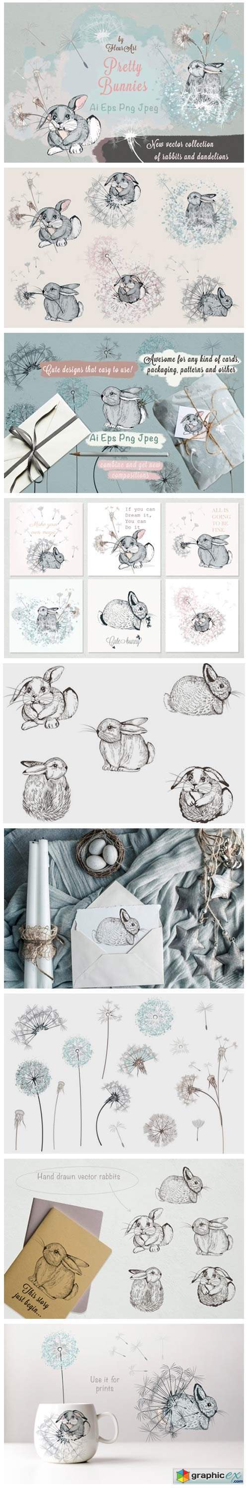 Pretty Bunnies Vector Illustrations Set