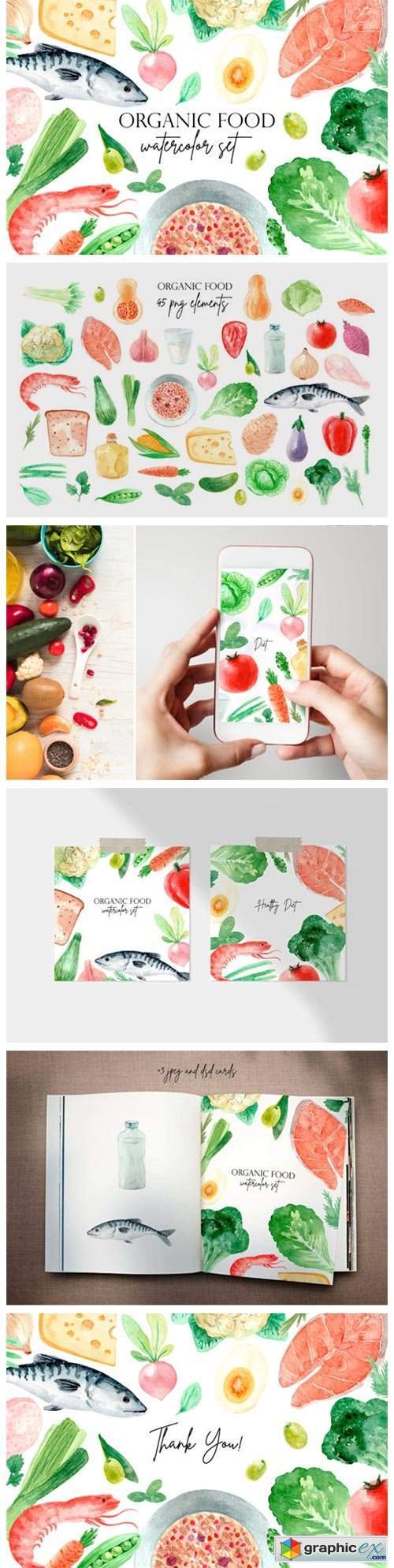 Organic Food. Watercolor Clipart Set