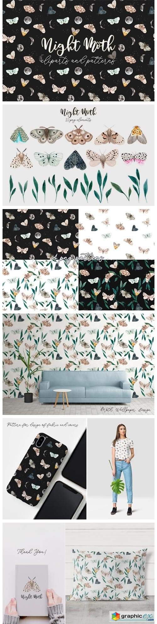 Night Moth. Watercolor Patterns, Clipart