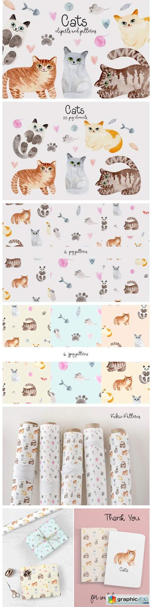Watercolor Cute Cats. Patterns, Cliparts
