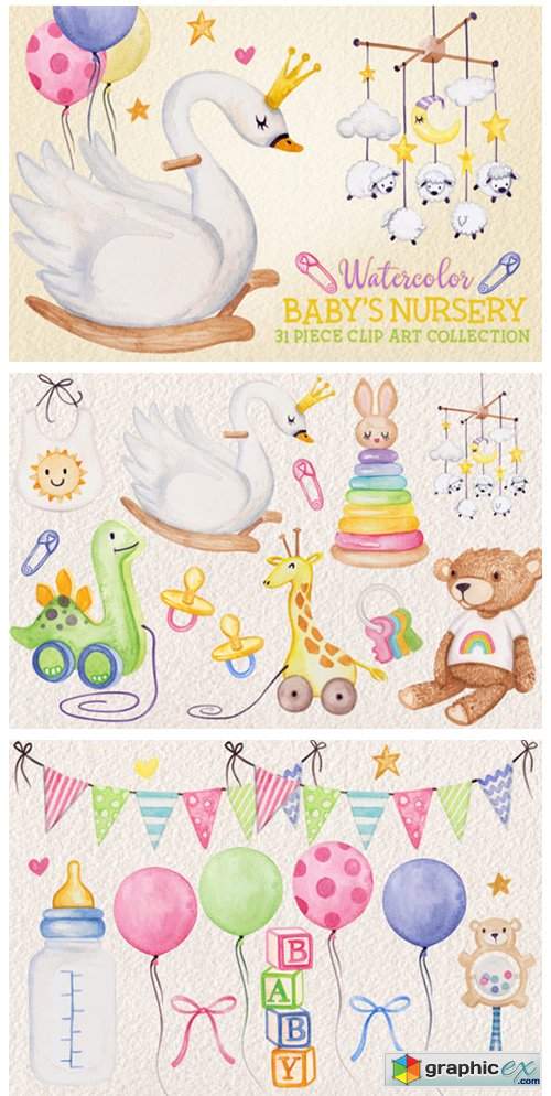  Watercolor Baby Nursery Clip Art Set 