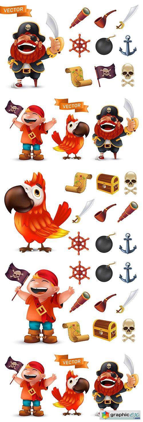  Pirate captain with weapons drawn cartoon illustration 