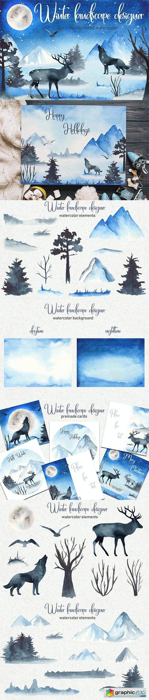  Watercolor Winter landscape designer 