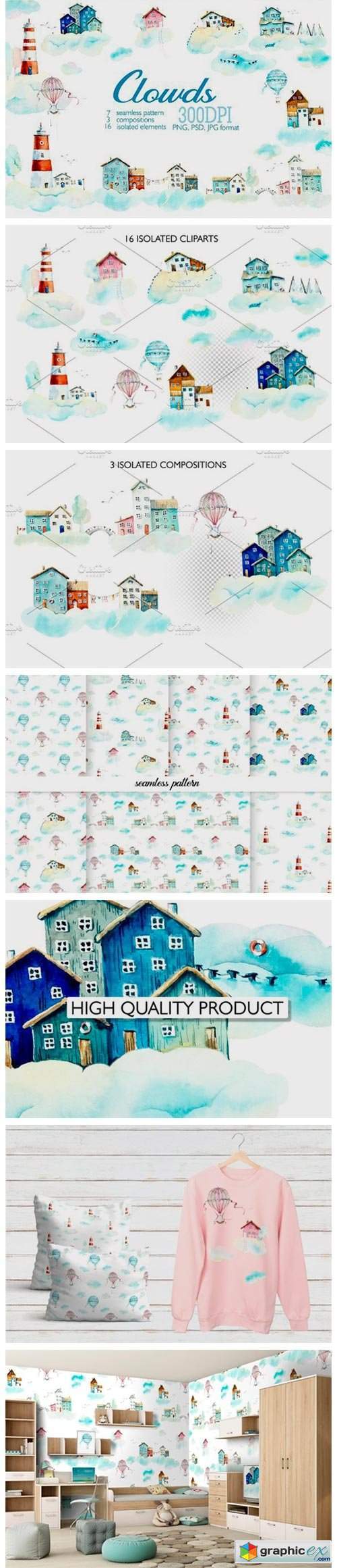 Watercolor Houses in Clouds