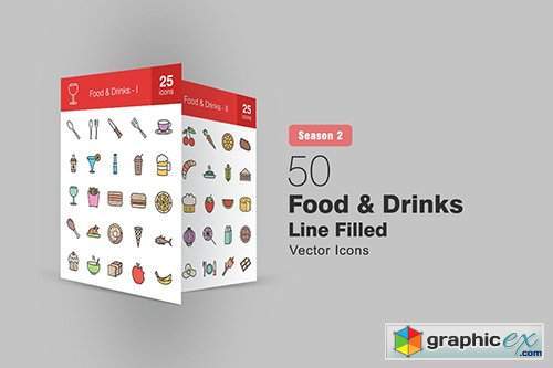 50 Food & Drinks Filled Line Icons Season II