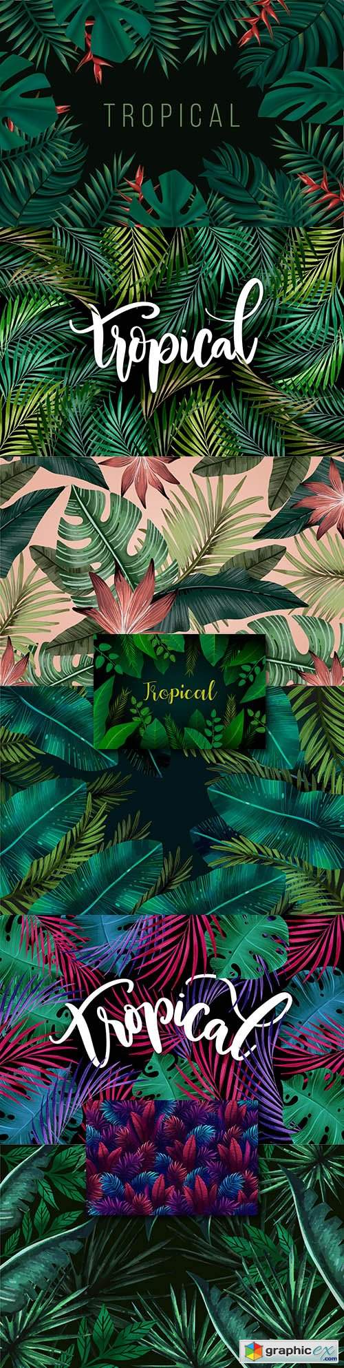  Summer tropical leaves and inscriptions decorative background 