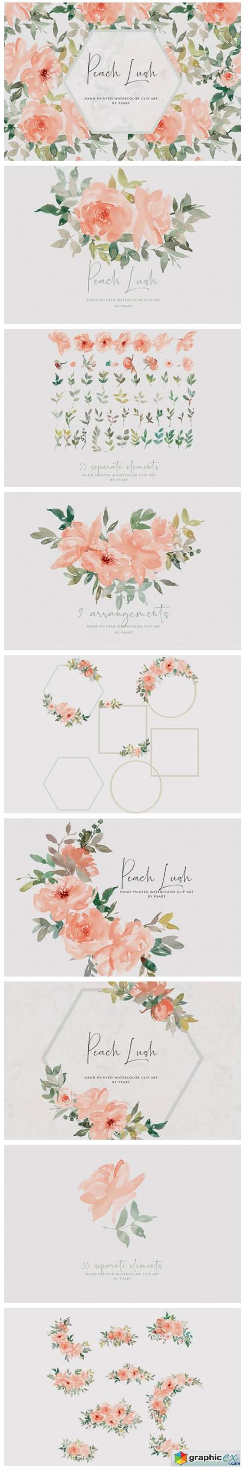  Watercolor Peach Floral Clipart Set 