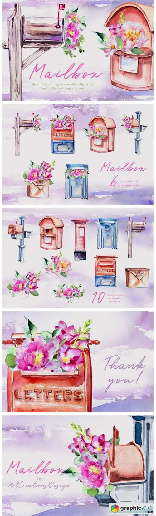  Watercolor Mailbox Clipart Set 