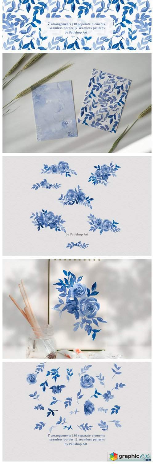 Classic Blue Watercolor Floral Clipart