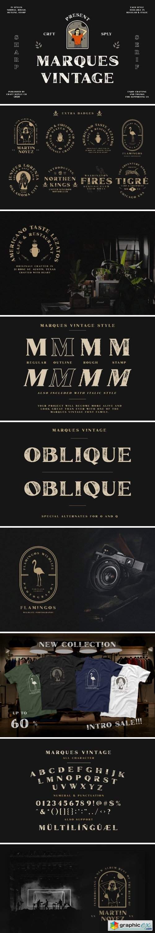  Marques Vintage Font Family + Extras 