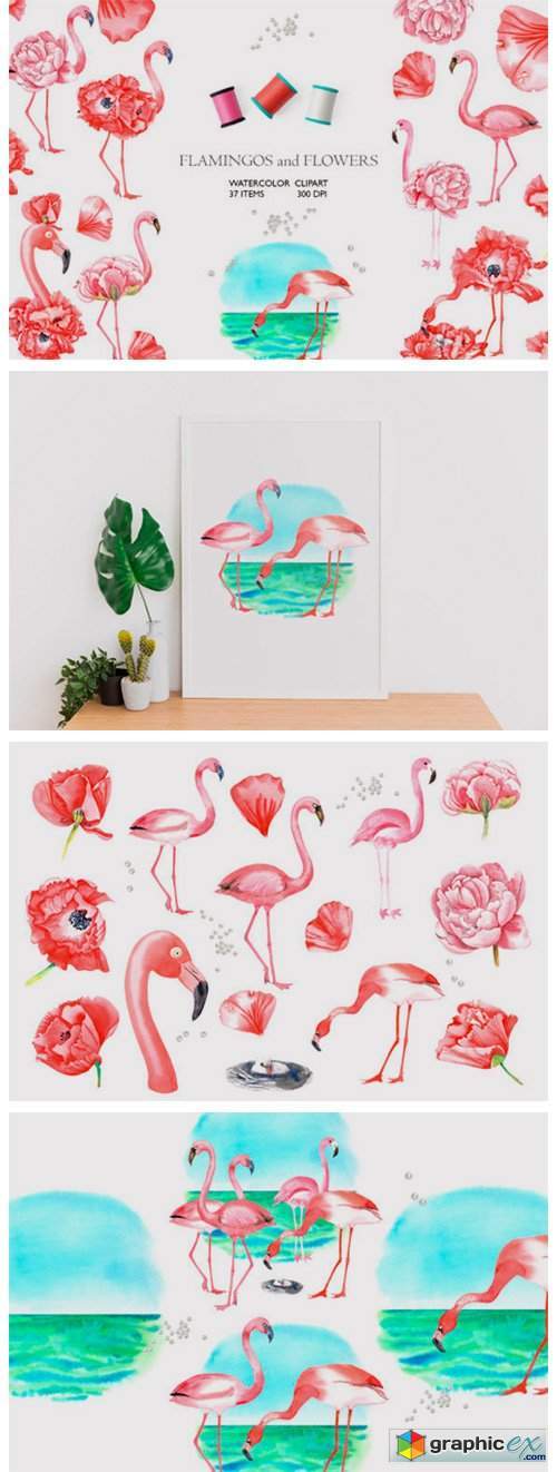 FLAMINGOS and FLOWERS Watercolor Clipart