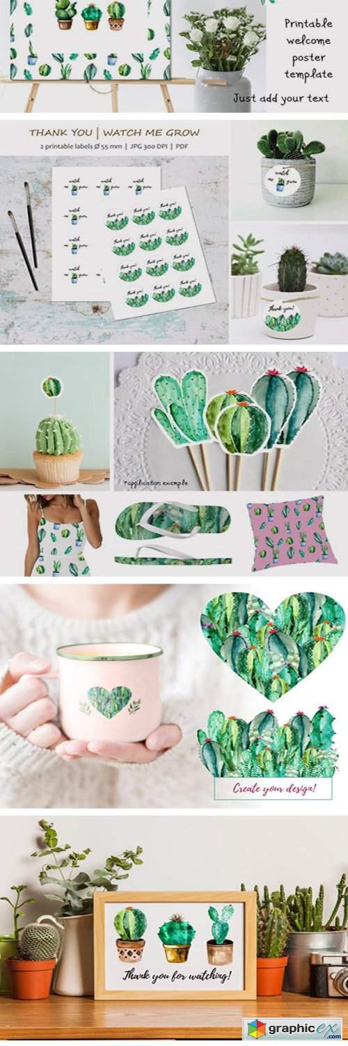  Watercolor Cacti, Watercolor Succulent 