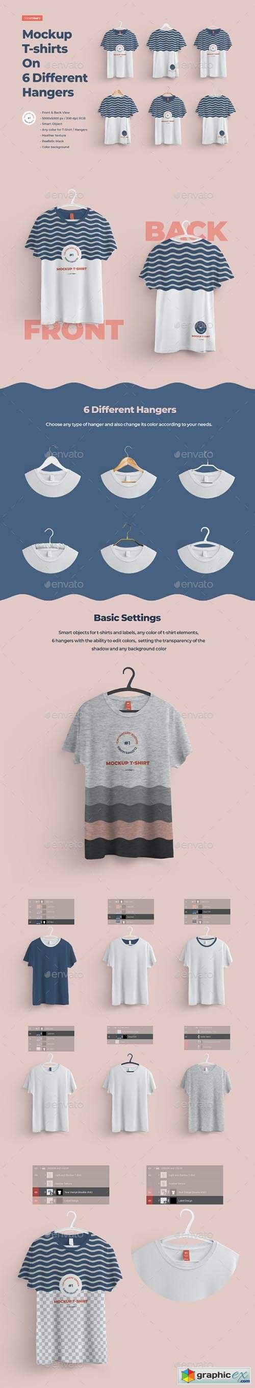 Front and Back T-shirts Mockups With 6 Different Hangers