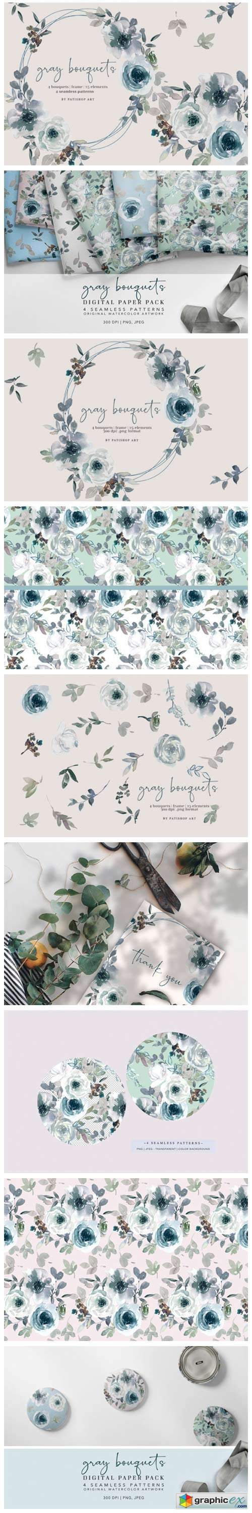  Gray and White Watercolor Florals 
