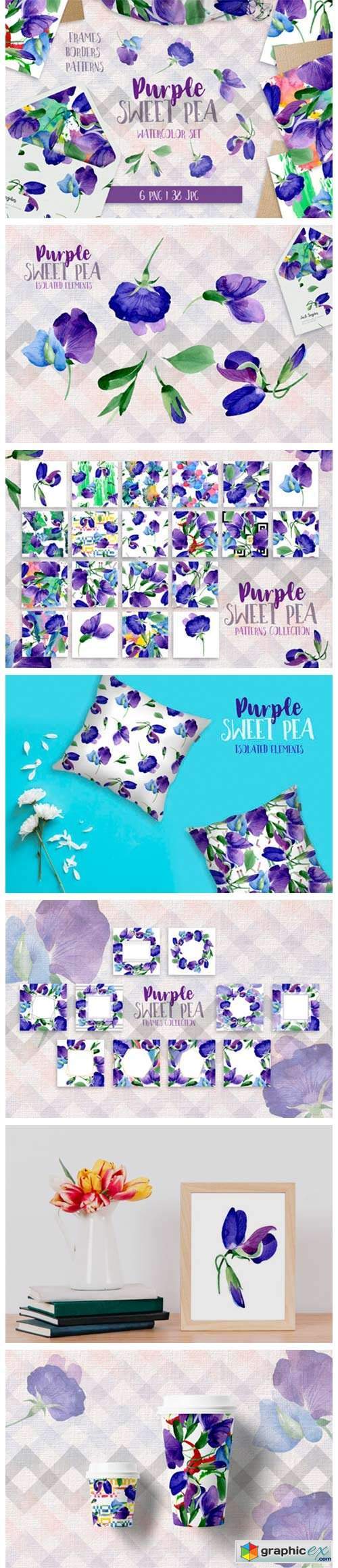 Purple Sweet Pea PNG Watercolor Flower Set 