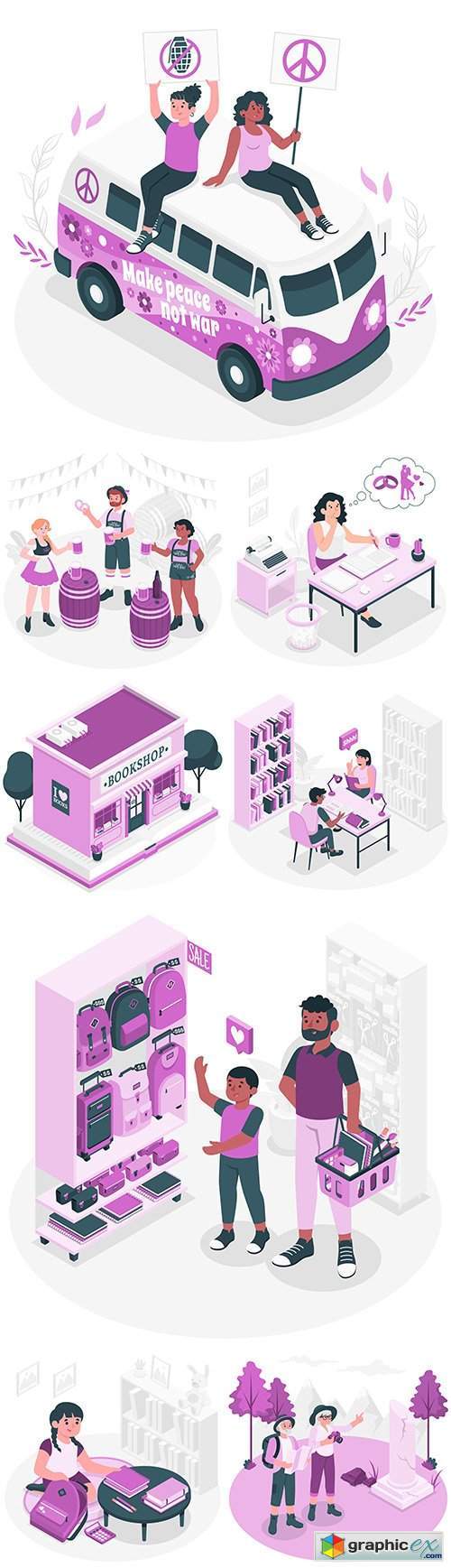 Lifestyle people in different professions illustrations isometric