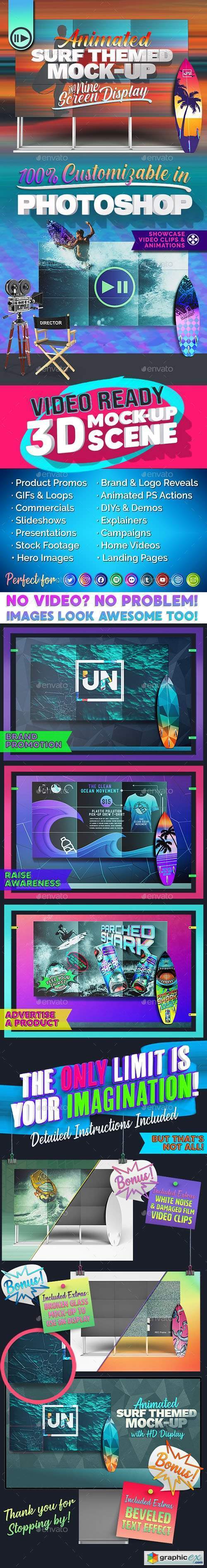 3D Animated Surfboard and HD Display Mock-Up Scene Template