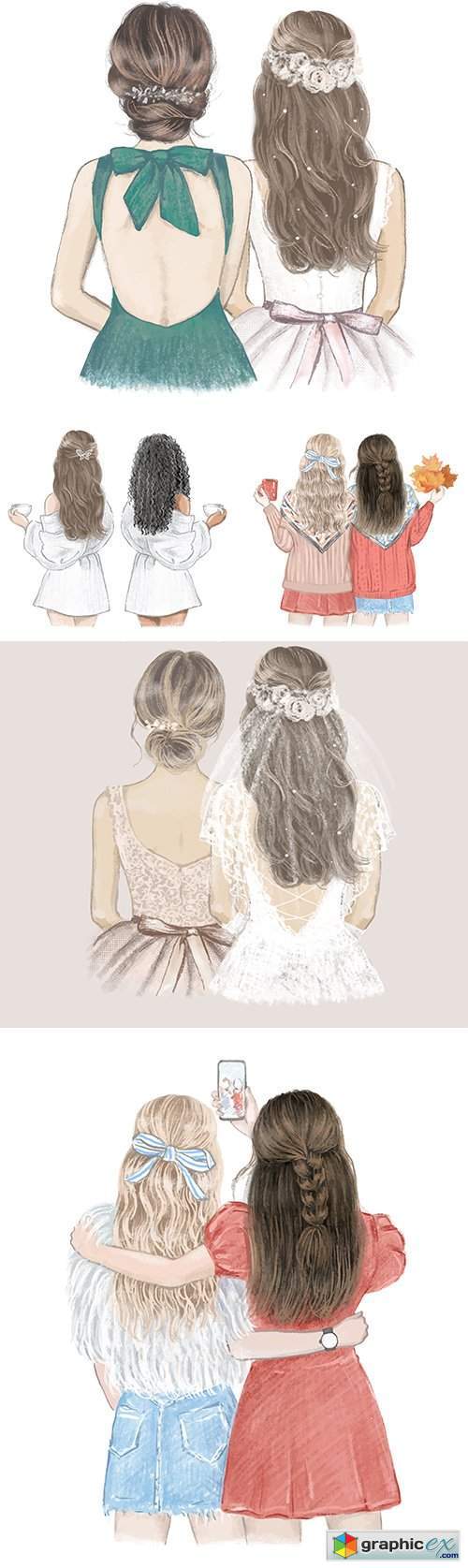 Girls with a beautiful hairstyle turned back illustration