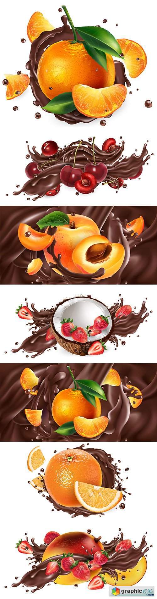 Whole and chopped fruit in chocolate splash realistic illustrations 2