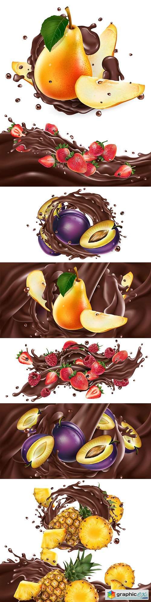 Whole and chopped fruit in chocolate splash realistic illustrations