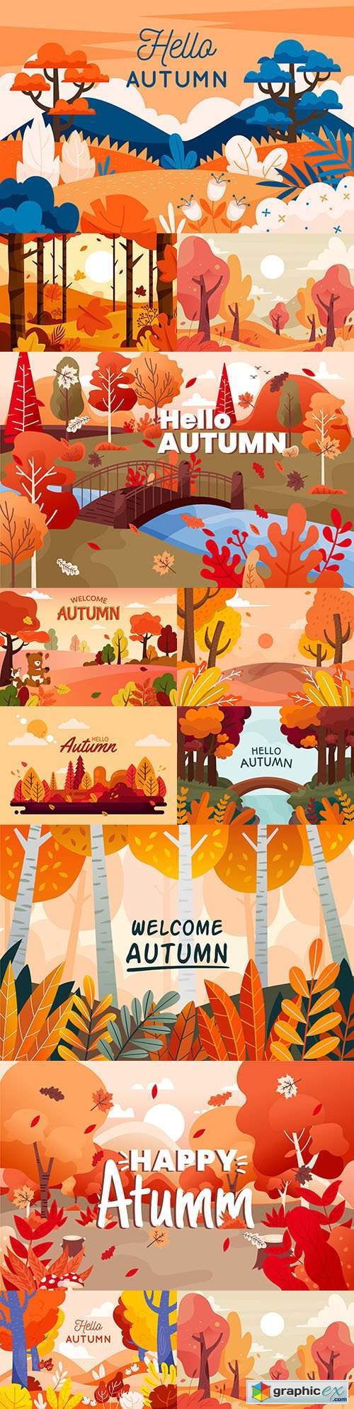 Autumn background with colorful view flat design illustration
