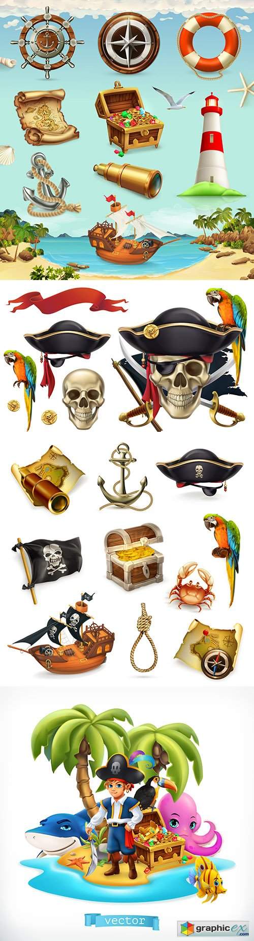  Sea adventure and pirate set vintage items 3d illustration 