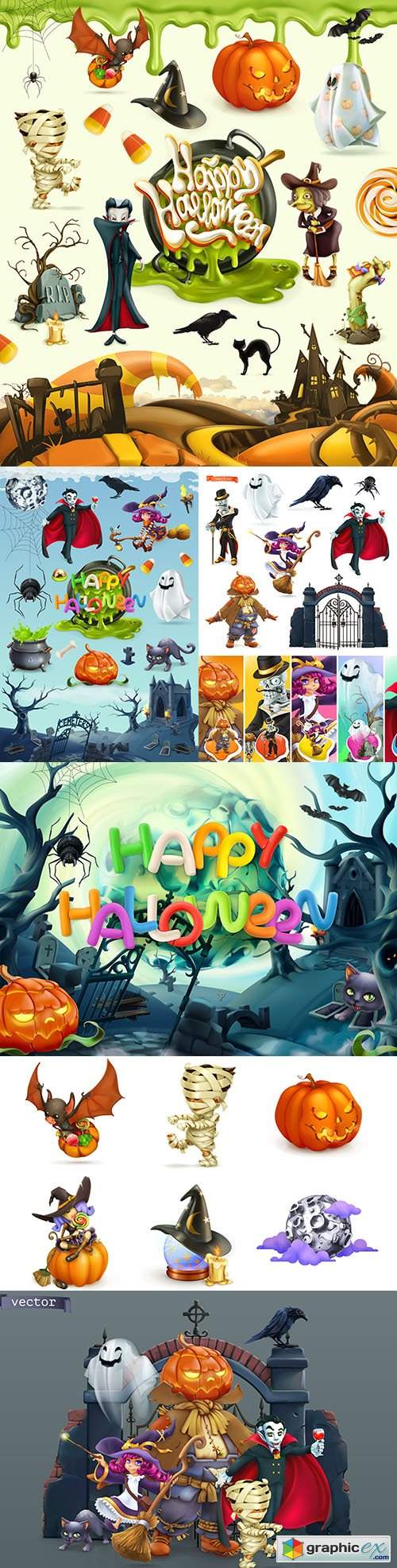  Happy Halloween and cartoon heroes 3rd realistic illustrations 