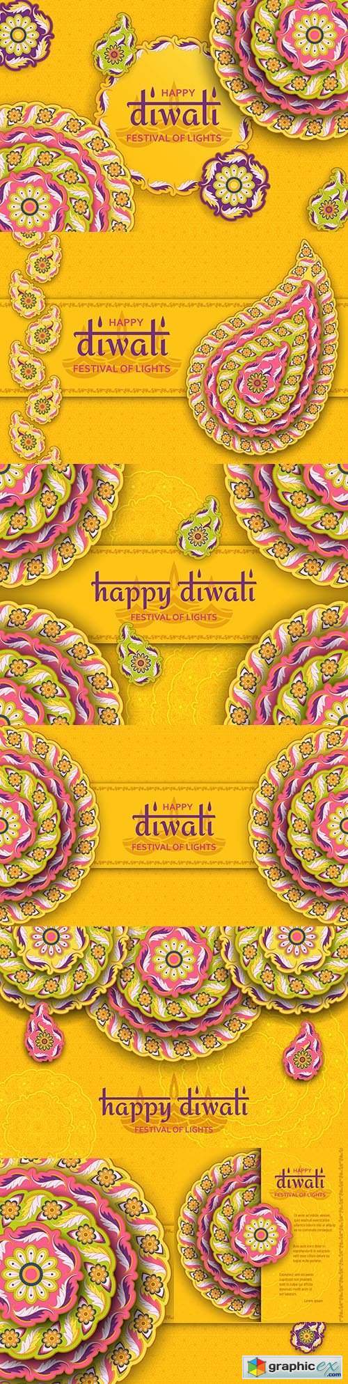 Happy Diwali festival lights yellow template with floral pattern