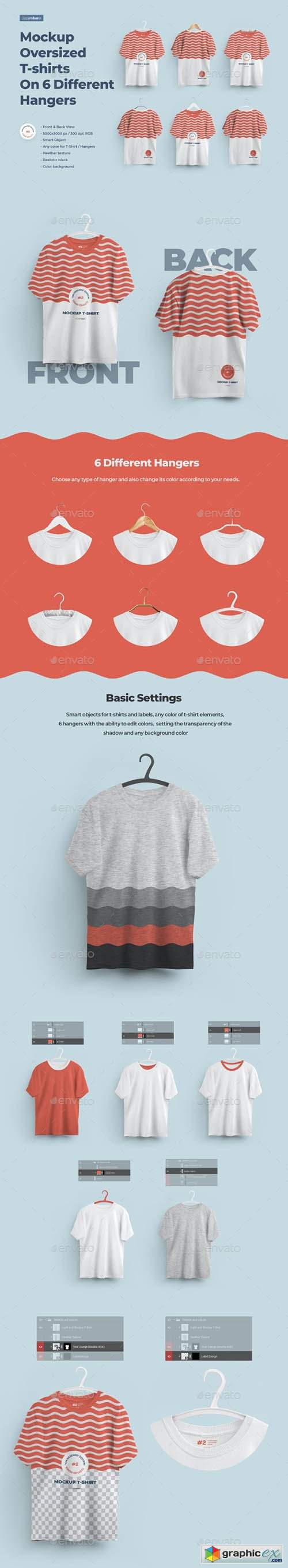 2 Mockups Oversized T-shirts On 6 Different Hangers 