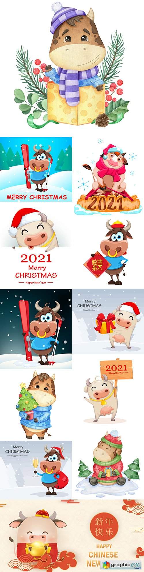  Bull Chinese calendar symbol 2021 cartoon illustration 