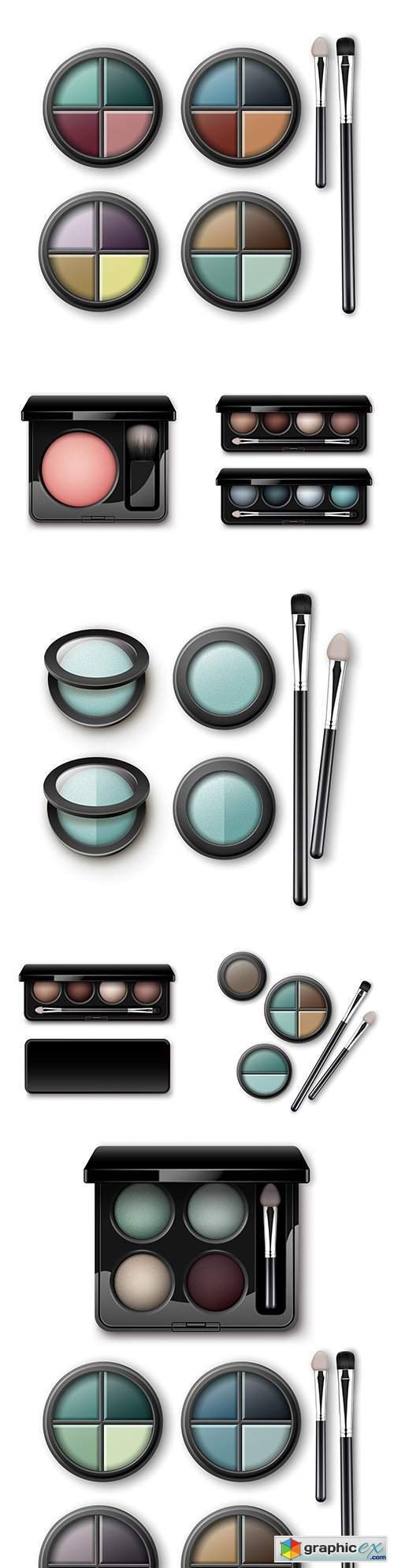 Multi-colored set shadows in black case and makeup brushes
