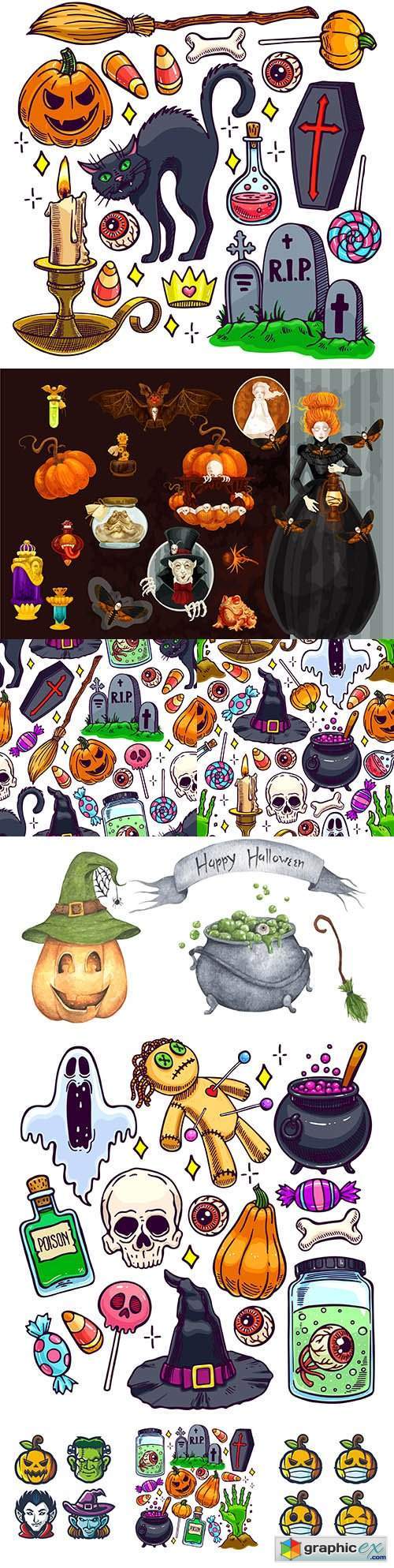 Halloween holiday elements and items painted illustration
