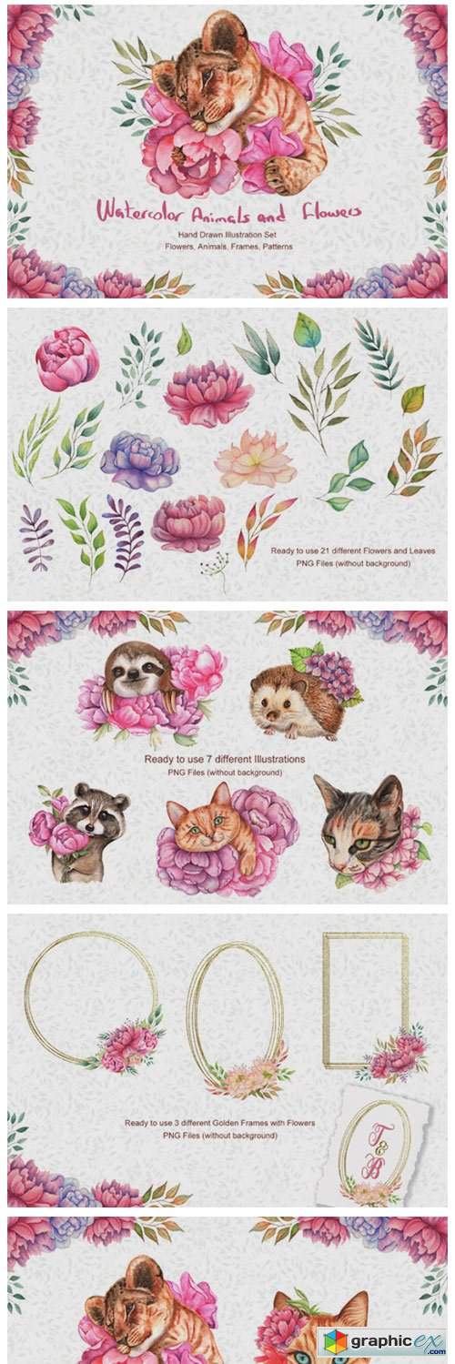 Watercolor Flowers and Animals Set 